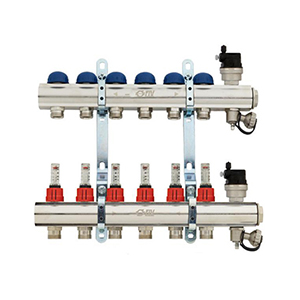 Коллектор для тёплых полов из никелированной латуни 1", 7 выходов 3/4" с расходомерами FIV