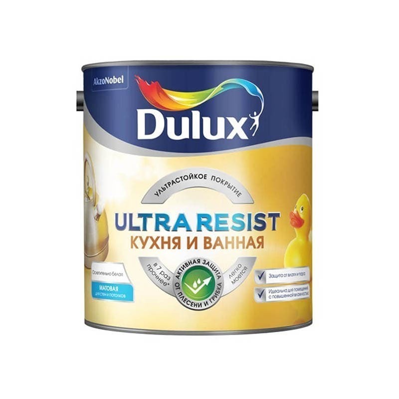 Краска для кухни и ванной латексная Dulux Ultra Resist матовая база BW 2,5 л.