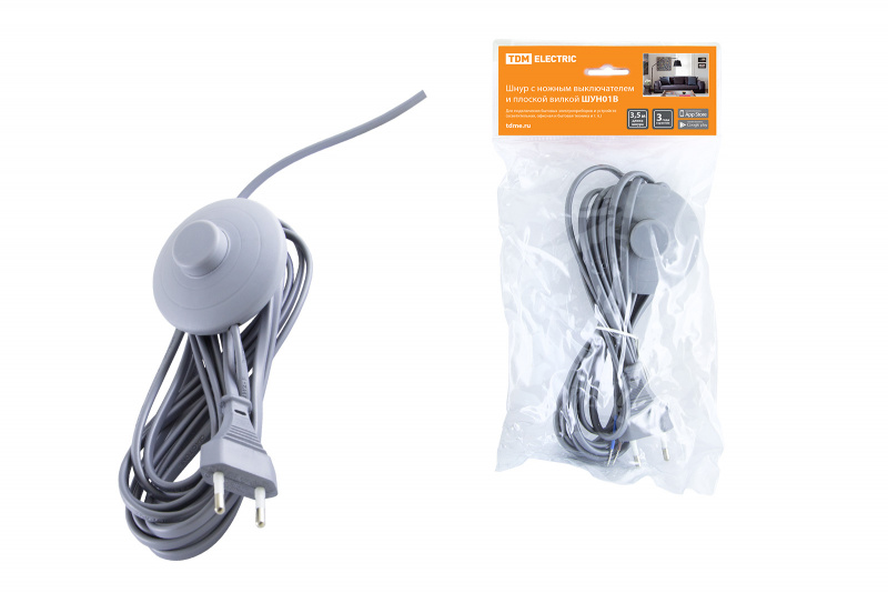 Шнур 3,5м с ножным выключателем и вилкой серебр.металлик TDM