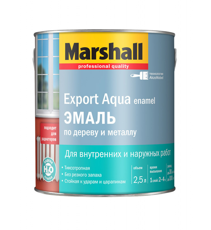 Эмаль для дерева и металла водная Marshall Export Aqua полуматовая белая 2,5 л.