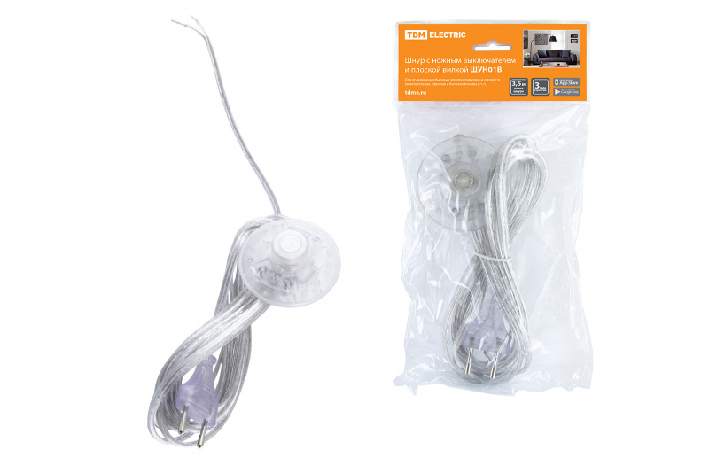 Шнур 3,5м с ножным выключателем и вилкой прозрачный TDM