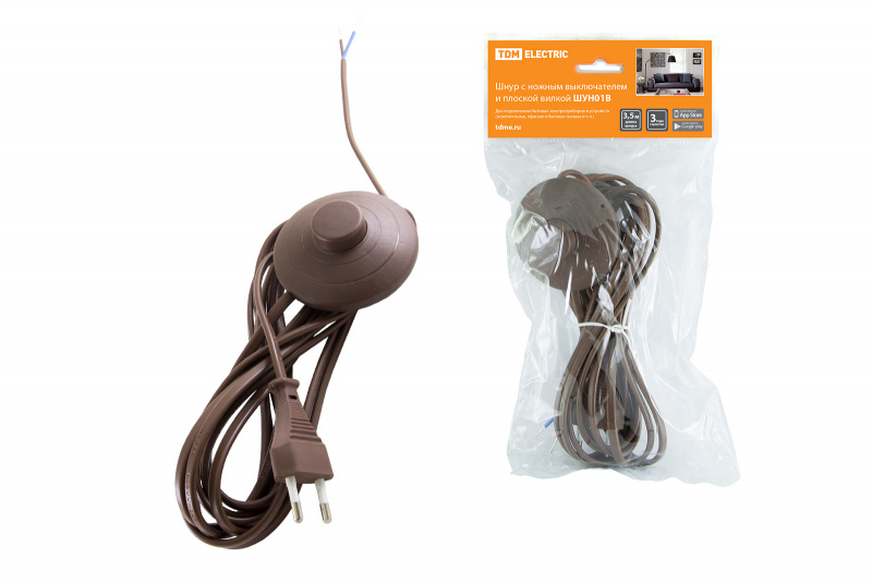 Шнур 3,5м с ножным выключателем и вилкой коричневый TDM