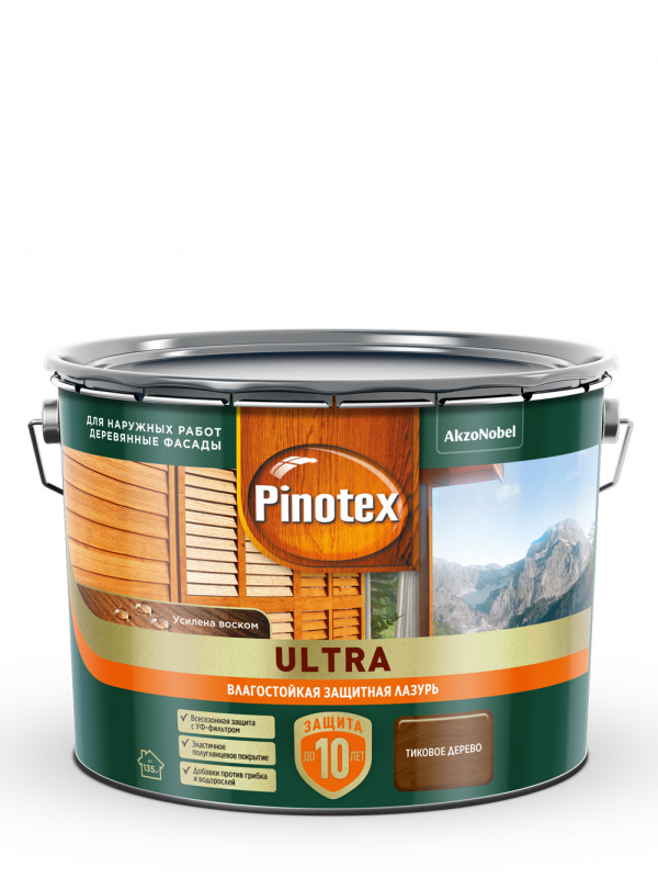 Пропитка декоративная для защиты древесины Pinotex Ultra AWB полуглянцевая тик 9 л